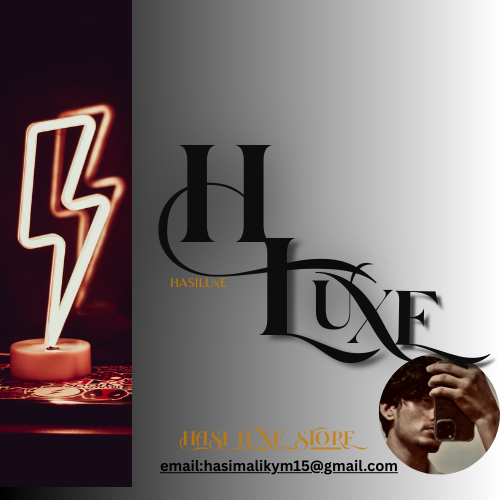 Neon light shaped like a lightning bolt next to 'H LUXE' branding on a gray background.